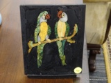 (R3) STONE ARTWORK; STONE SLAB WITH 2 PARROTS SITTING ON A BRANCH (EVERY PART OF THE PARROTS IS MADE