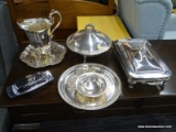 (R3) SILVER PLATE LOT; INCLUDES A FOOTED DOUBLE HANDLED SERVING DISH WITH A GLASS INSERT, A FOOTED
