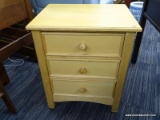 (R3) NIGHT STAND; YELLOW 3 DRAWER NIGHTSTAND WITH KNOB STYLE PULLS. IS IN GOOD USED CONDITION AND