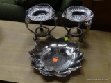 (R3) 3 PIECE LOT; INCLUDES A SILVER PLATE FLOWER THEMED DISH, AND A PAIR OF SILVER PLATE PAW FOOTED