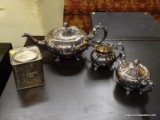 (R4) SILVER PLATE LOT; INCLUDES A 3 PIECE TOWLE SILVER PLATE TEA SET AND A ENGLISH BREAKFAST SILVER