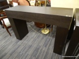 (R4) CONSOLE TABLE; BLACK PAINTED CONSOLE TABLE WITH BLOCK FEET. IS IN GOOD USED CONDITION AND