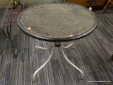 (R4) METAL PATIO END TABLE; METAL TABLE WITH A BLACK PAINTED TOP AND A GRAY PAINTED BASE. MEASURES