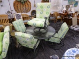 (R4) PATIO TABLE AND CHAIRS; INCLUDES A PLEXIGLASS TOP TABLE AND 5 ROCKING SWIVEL ARM CHAIRS (3 WITH