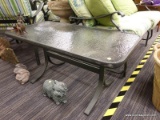 (R4) PATIO COFFEE TABLE; GREEN METAL AND PLEXIGLASS TOP PATIO COFFEE TABLE IN EXCELLENT CONDITION.