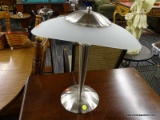 (R4) CONTEMPORARY TABLE LAMP; DOUBLE LIGHT LAMP WITH OBLONG FROSTED SHADE, STAINLESS STEEL BODY,