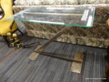 (R4) CONSOLE TABLE; INDUSTRIAL STYLE CONSOLE TABLE WITH METAL BASE AND BEVELED GLASS TOP. IS IN