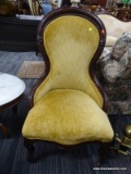 (R4) VICTORIAN LADIES CHAIR; YELLOW UPHOLSTERED VICTORIAN LADIES PARLOR CHAIR IN EXCELLENT
