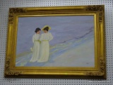 (BACK WALL) FRAMED OIL ON CANVAS; DEPICTS A PAIR OF WOMEN WALKING BY THE SEASHORE. IS SIGNED BY THE