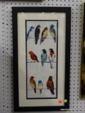 (BACK WALL) FRAMED BIRD PRINT; DEPICTS 3 ROWS OF BIRDS SITTING ON WIRES IN VARYING COLORS. IS SIGNED
