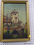 (BACK WALL) OIL ON CANVAS; DEPICTS A VENETIAN STYLE SCENE WITH A MAN ROWING A GONDOLA DOWN THE