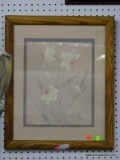 (BACK WALL) FRAMED FLORAL PRINT; HAS BLUE AND PINK MATTING AND IS IN AN OAK FRAME. MEASURES 19 IN X