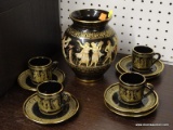 (BACK WALL) LOT OF HAND MADE IN GREECE ITEMS; INCLUDES 4 DEMITASSE CUPS WITH SAUCERS (INCLUDES 2