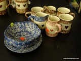 (WALL) LOT OF SPONGEWARE; INCLUDES A BLUE BOWL WITH UNDERPLATE, A BLUE CREAMER, A PINK CREAMER, A
