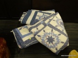 (WALL) BED SPREAD; MULTI TONE BLUE AND WHITE QUILT BEDSPREAD AND PINK FLOWERS THROUGHOUT. COMES WITH