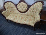 (WALL) VICTORIAN SOFA; VINTAGE AUTUMN FLORAL FABRIC, UPHOLSTERED, WOODEN VICTORIAN SOFA WITH 3 ROUND