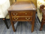 (WALL) END TABLE; LANE END TABLE WITH A MULTI TONE TABLE TOP AND A SINGLE DRAWER WITH BRASS PULLS.