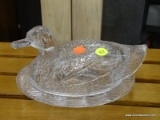 (WALL) DUCK BOWL; GLASS DUCK BOWL WITH A DUCK SHAPED LID THAT SITS ON A 
