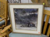 (WALL) FRAMED PRINT; STORMY SKIES OVER A DILAPIDATED WOODEN SHAKE WITH BLACK BIRDS ALL AROUND.