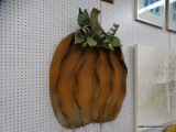 (WALL) WALL HANGING PUMPKIN; LARGE, METAL WALL HANGING PUMPKIN. NEEDS TO BE CLEANED. MEASURES 32 IN