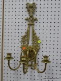 (WALL) WALL HANGING SCONCE; BRASS, 3 ARM SCONCE WITH RIBBON AND FLORAL ORNATE DESIGNS. MEASURES 11.5