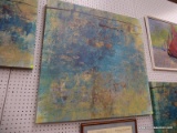 (WALL) PRINT ON CANVAS; ABSTRACT PRINT ON CANVAS WITH A BLUE AND YELLOW COLORWAY. SIGNED BY BELLOW