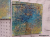 (WALL) PRINT ON CANVAS; ABSTRACT PRINT ON CANVAS WITH A BLUE AND YELLOW COLORWAY. SIGNED BY BELLOW