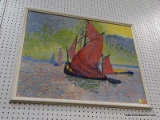(WALL) FRAMED PRINT; DEPICTS A SCENE OF SAILBOATS ON THE WATER WITH ABSTRACT COLORS. SITS IN A WHITE