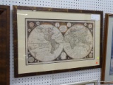 (WALL) FRAMED MAP PRINT; FRAMED ANTIQUE WORLD MAP PRINT. MATTED IN BLACK AND CREAM AND FRAMED IN A