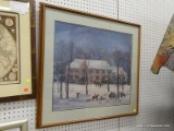 (WALL) FRAMED PRINT; PRINT SHOWS A HOME IN THE MIDDLE OF WINTER WITH MEN OUT FRONT GETTING READY TO