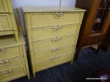 (R1) CHEST OF DRAWERS; BASSETT FURNITURE 5 DRAWER CHEST OF DRAWERS WITH A BAMBOO STYLE AND A YELLOW