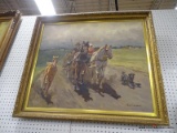 (WALL) WESTERN STYLE OIL ON CANVAS; DEPICTS A COUPLE RIDING IN A CARRIAGE WITH THEIR DOG AND HORSE