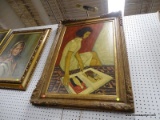 (WALL) OIL ON CANVAS; DEPICTS A YOUNG LADY READING A MAGAZINE ON HER BED. IS IN A DETAILED BROWN