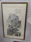 (WALL) FAR EASTERN PRINT; DEPICTS A MOUNTAINOUS SCENE WITH A VILLAGE LOCATED DIRECTLY BELOW THE