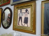 (WALL) FRAMED AFRICAN ARTWORK; DEPICTS A MAN AND A WOMAN DANCING WITH A PINK BACKGROUND. IS IN A