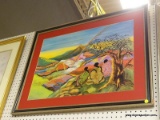 (WALL) FRAMED TRIBAL PRINT; PRINT OF 3 AFRICAN WOMAN IN COLORFUL ROBES SITTING NEXT TO A TREE