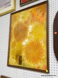 (WALL) PRINT ON BOARD; DEPICTS AUTUMN COLORED WHEEL FLOWERS. SITS IN A WOODEN FRAME. MEASURES 25.5