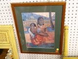 (WALL) FRAMED PRINT; DEPICTS 2 NATIVE AMERICAN WOMAN SITTING IN A FIELD. MATTED IN FOREST GREEN AND