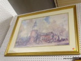 (WALL) FRAMED COLONIAL PRINT; DEPICTS A CHURCH OR A COURTHOUSE WITH PEOPLE STANDING OUTSIDE AND