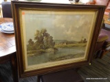 (WALL) FRAMED LANDSCAPE PAINTING; DEPICTS A SCENE OF AN OLD CITY NEXT TO A SWAMPY LAKE. SIGNED BY