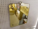 (WALL) WALL HANGING MIRROR; BEVELED GLASS MIRROR HAS METAL FLOWER STUDS AND FLOWER ETCHED AT THE