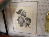 (WALL) FRAMED TRIBAL PRINT; PRINT OF 3 TRIBAL WOMAN AND A CARVED STATUE TITLED 