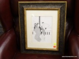 (WALL) FRAMED SKETCH; ABSTRACT SKETCH OF 3 PEOPLE AT WHAT APPEARS TO BE A PIER. SIGNED BY ARTIST AT