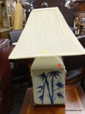 (R2) TABLE LAMP; ORIENTAL, LIME GREEN PORCELAIN TABLE LAMP WITH BAMBOO PAINTED ON THE SIDES IN BLUE.