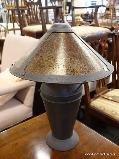 (R1) TABLE LAMP; BROWN SPECKLED, METAL TABLE LAMP WITH A PANELED, BROWN PAPER AND METAL COOLIE LAMP