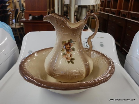 (R1) PITCHER AND BASIN; LIGHT BROWN AND WHITE IRONSTONE ENGLAND PITCHER AND BASIN WITH FLOWER