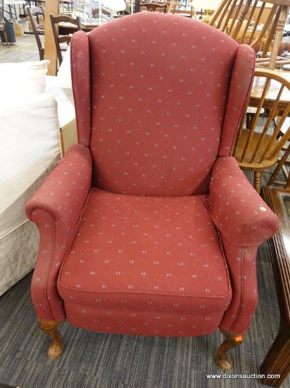 (R1) WINGBACK CHAIR; RED UPHOLSTERED WINGBACK ARM CHAIR WITH BLUE AND WHITE GEOMETRIC, ASTRAL