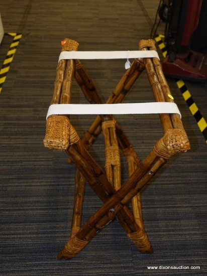 (R1) LUGGAGE RACK; GLOSSED WOODEN LUGGAGE RACK WITH WOVEN BINDINGS AT THE JOINTS AND HAS 2 WHITE