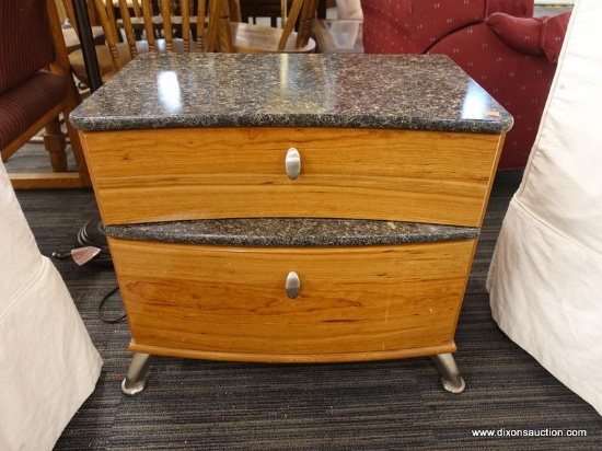 (R1) NIGHTSTAND; FAUX MARBLE, CHERRY FINISH NIGHTSTAND WITH 2 DRAWERS, A FAUX MARBLE TOP AND A BOWED