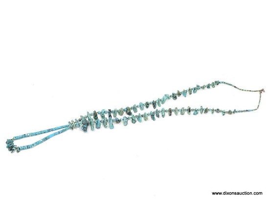 TURQUOISE AND SHELL NECKLACE; 33 IN LONG NECKLACE WITH LARGE STONES AND AN ADDITIONAL 6 IN LONG
